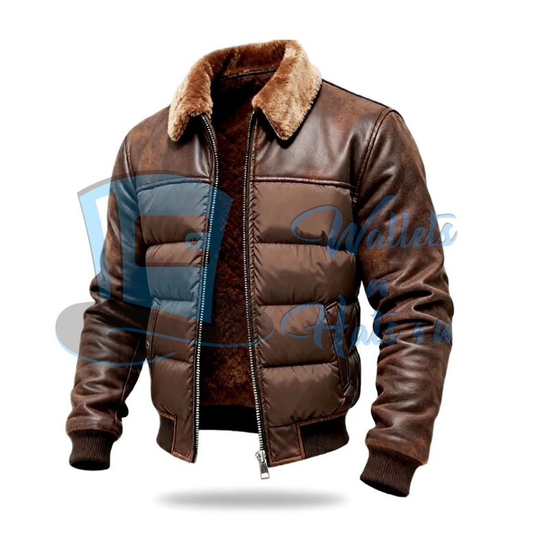 Vintage Brown Leather Bomber Jacket with Faux Shearling Collar - Men's Cozy Wint - เสื้อโค้ทผู้ชาย - หนังแท้ สีนำ้ตาล
