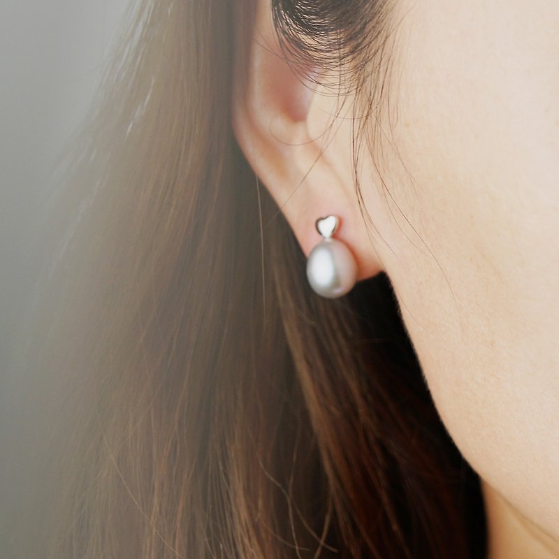 愛心灰珍珠耳釘 未時VISHI原創設計天然淡水珍珠925純銀耳環女 - 耳環/耳夾 - 其他材質 銀色