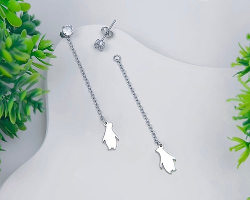 吳小姐3d訂製珠寶 企鵝 兩用單鑽垂墜耳環-迷你動物剪影系列-抗敏醫療鋼