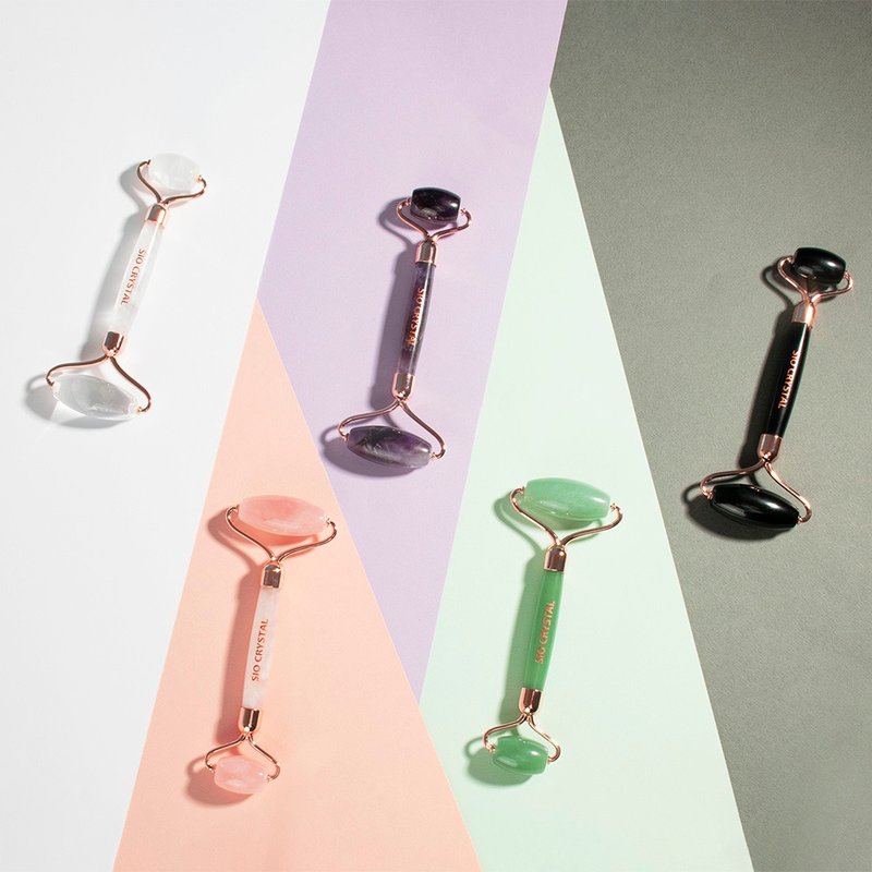 天然水晶按摩滾輪儀-白水晶/黑曜石/紫水晶/粉水晶/綠東陵 - 臉部按摩/清潔工具 - 水晶 多色