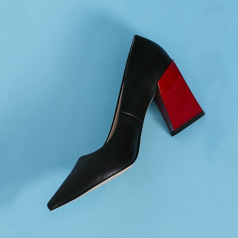 Vintage modern thick with pointed shoes black red - High Heels - Genuine Leather Black