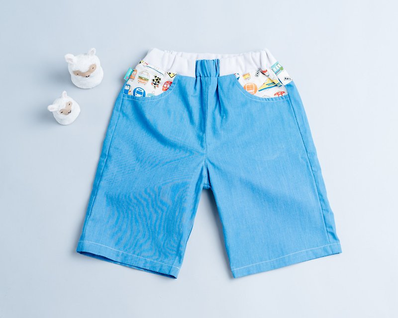 ショートパンツ - 日本の路面電車利用者は、無毒の子供用ズボンをショートパンツにしました。 - パンツ - コットン・麻 ブルー