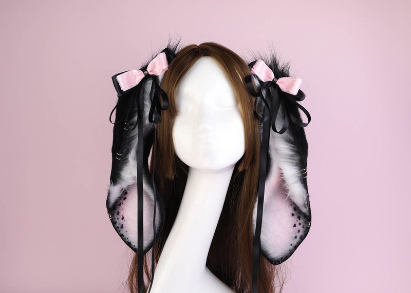 Black and Pink Bunny Ears - 髮夾/髮圈 - 其他人造纖維 黑色