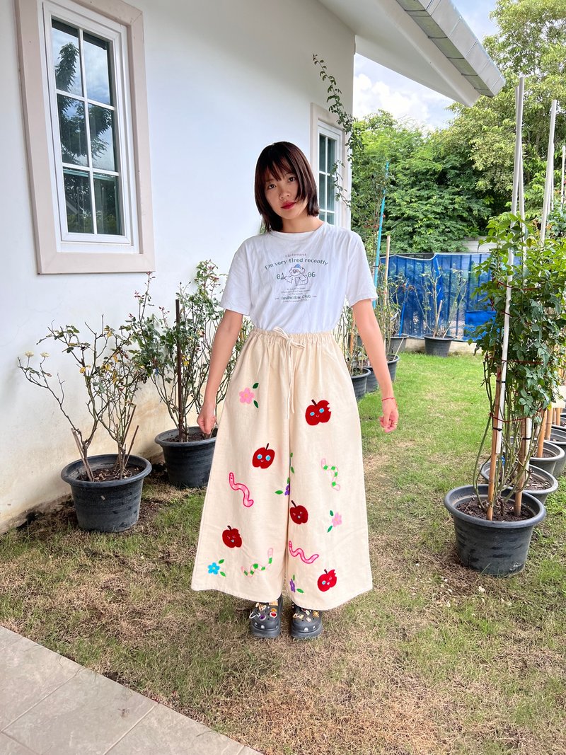 Long pants hand embroidery apple - Women's Pants - Cotton & Hemp 