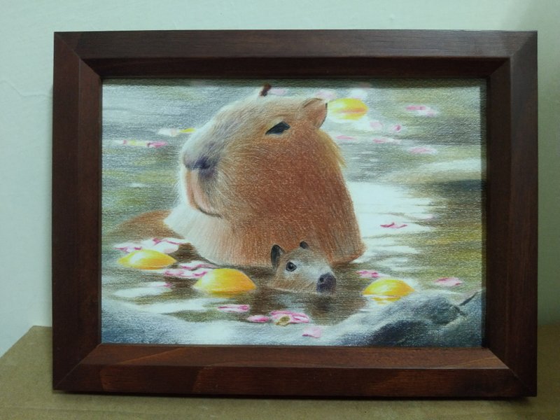 Decoration/ Big and small capybaras/ Colored pencil drawing/ Original manuscript/ Framed - โปสเตอร์ - กระดาษ 