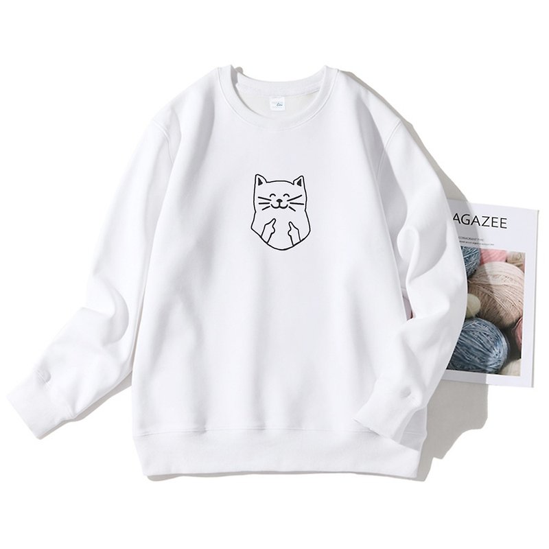 Smile Cat Finger unisex white sweatshirt - เสื้อผู้หญิง - ผ้าฝ้าย/ผ้าลินิน ขาว