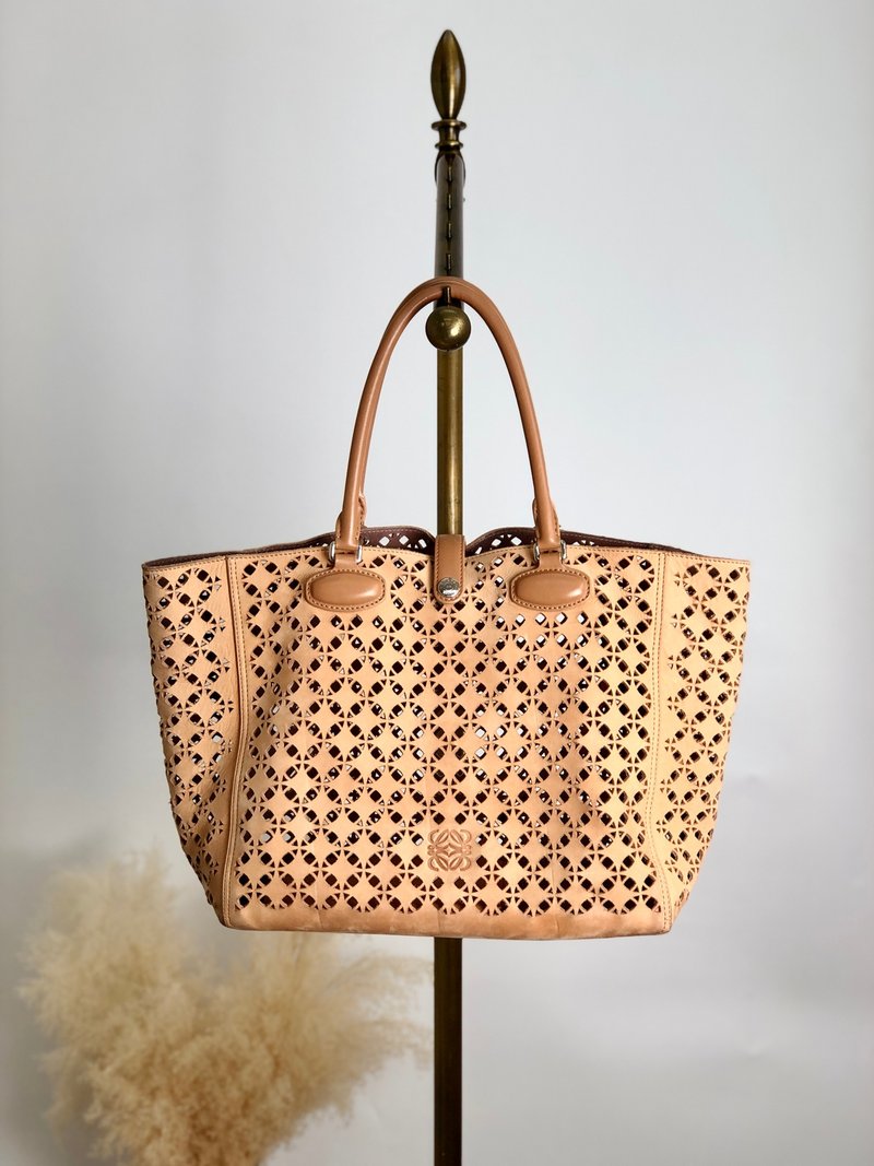 【 日本直送　名牌中古包 】LOEWE ロエベ カットワーク ハンドバッグ ベージュ アナグラム スエード レザー トートバッグ vintage enmixz - 手提包/手提袋 - 真皮 咖啡色