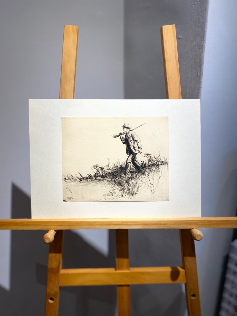 華盛頓DC藝術家Morgan Stinemetz-男人與獵犬-蝕刻版畫-Etching - 海報/掛畫/掛布 - 紙 白色