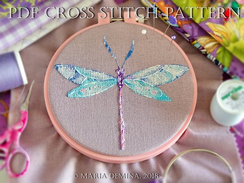 LittleRoomInTheAttic Watercolor Dragonfly II PDF cross stitch pattern
