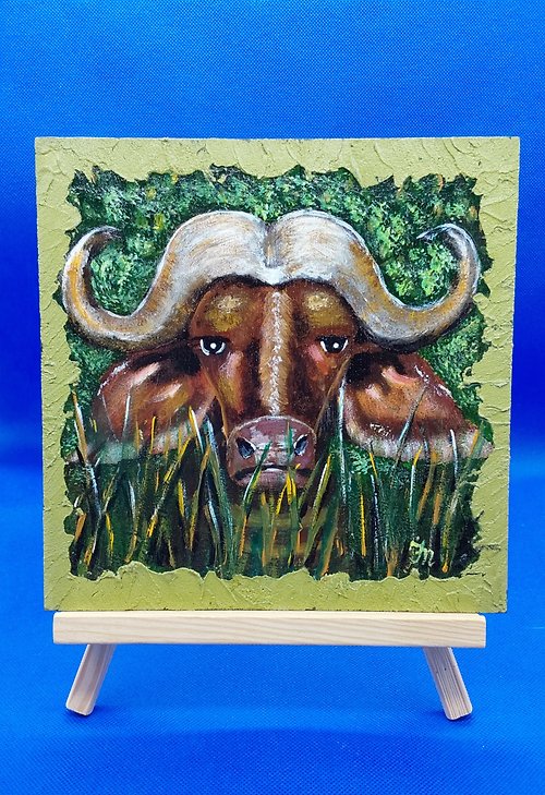 CosinessArt Buffalo. Portrait of African Animals. Gift for Child Vivid Handmade Oil Painting
