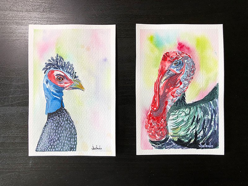 Turkey Painting Birds Original Art Farm Bird Watercolor Artwork Gobbler Wall Art - 海報/掛畫/掛布 - 紙 多色