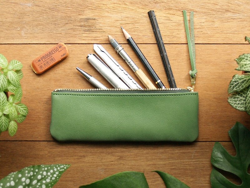 Genuine Leather Pencil Cases Green - Leather Pen Case ( Custom Name ) - Grass Green