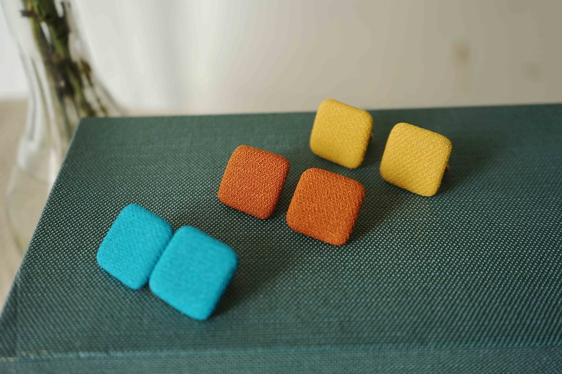 European Groceries-Vintage Square Cloth Color Block Earrings-Mustard Yellow/ Teal/Orange - Earrings & Clip-ons - Polyester Orange