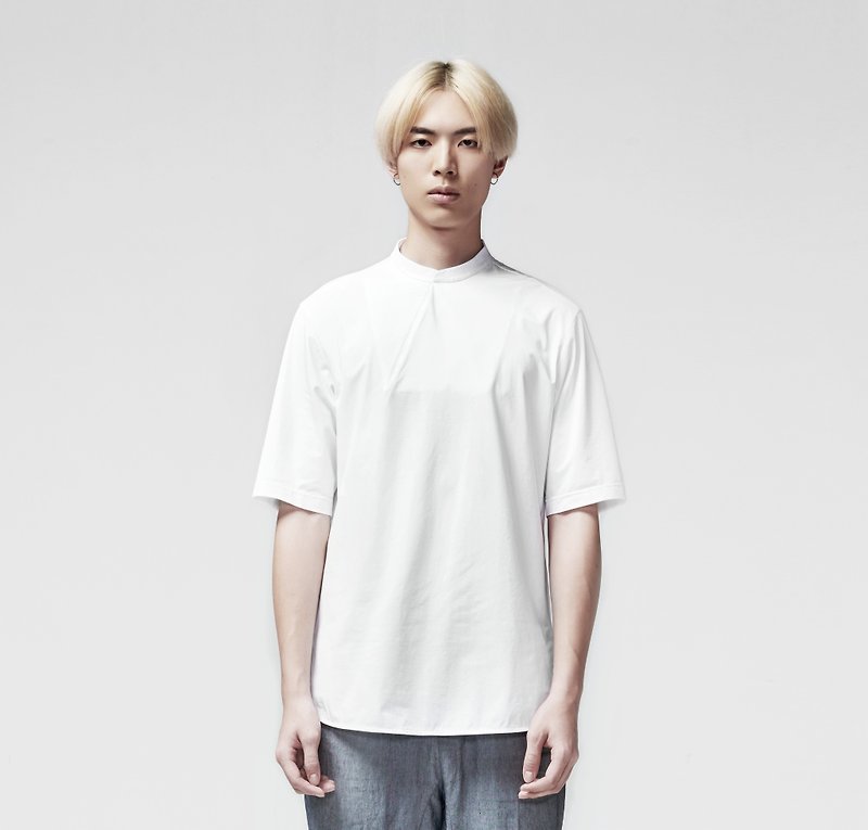 TRAN -  斜口立領TEE - 男 T 恤 - 棉．麻 白色
