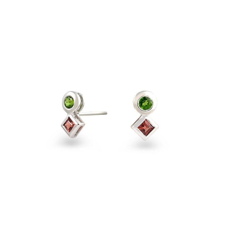 Urban Square and Round Earring with Chrome Diopside and Red garnet