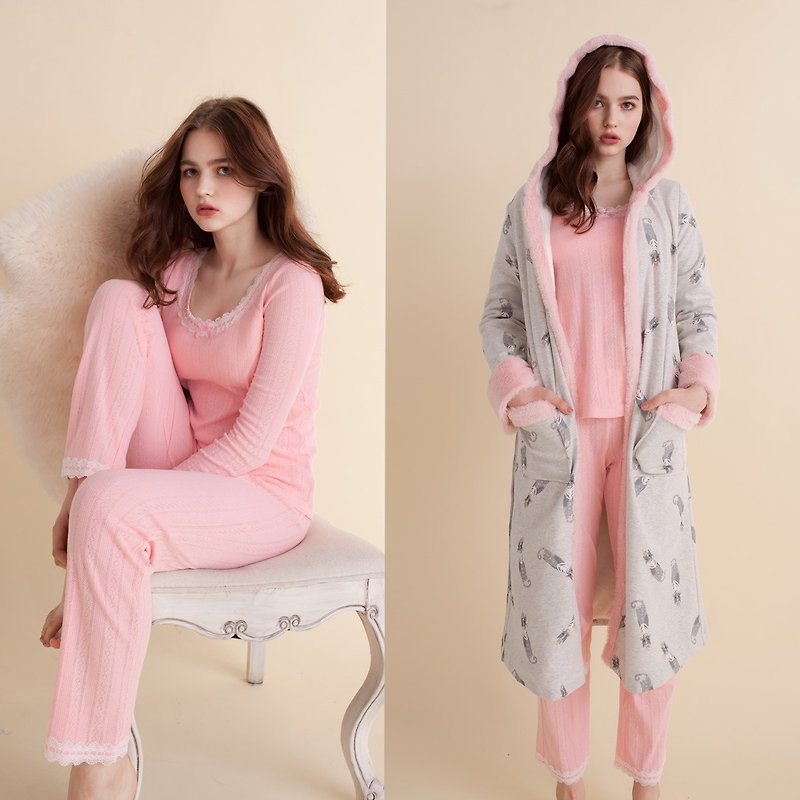 [Three-piece set - suit + robe] no steel ring pajamas [exclusive 2in1] cat Christmas - powder - Loungewear & Sleepwear - Cotton & Hemp Multicolor
