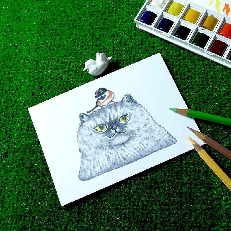 Postcard / cool card / casual style / longhair cat with his bird friend - การ์ด/โปสการ์ด - กระดาษ สีดำ