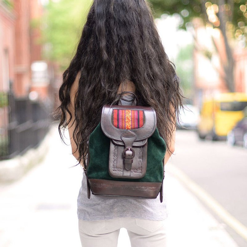 Mochita Ethnic Suede Backpack Green - กระเป๋าเป้สะพายหลัง - หนังแท้ สีเขียว