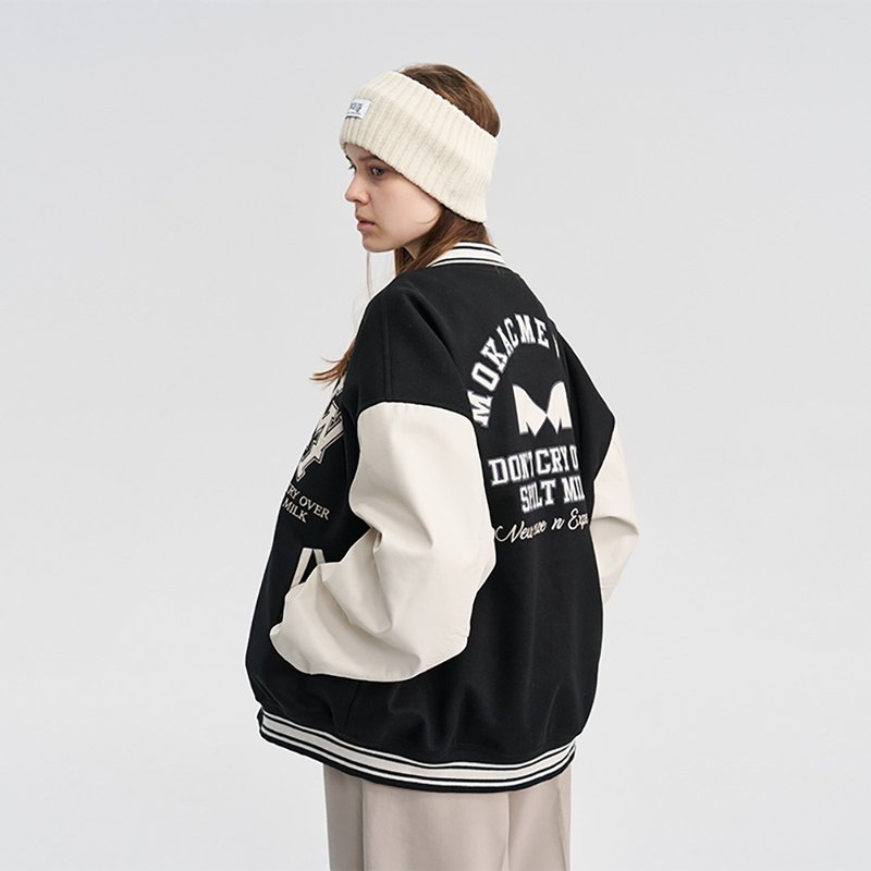 MOKACME  復古拼皮撞色貼皮刺繡棒球服夾克男女 - 男夾克/外套 - 聚酯纖維 黑色
