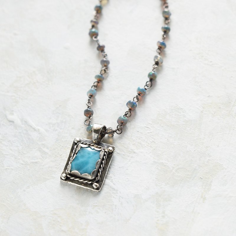 Larimar and Ethiopian Opal Necklace Silver 925 Natural Stone - สร้อยคอ - เครื่องเพชรพลอย สีน้ำเงิน