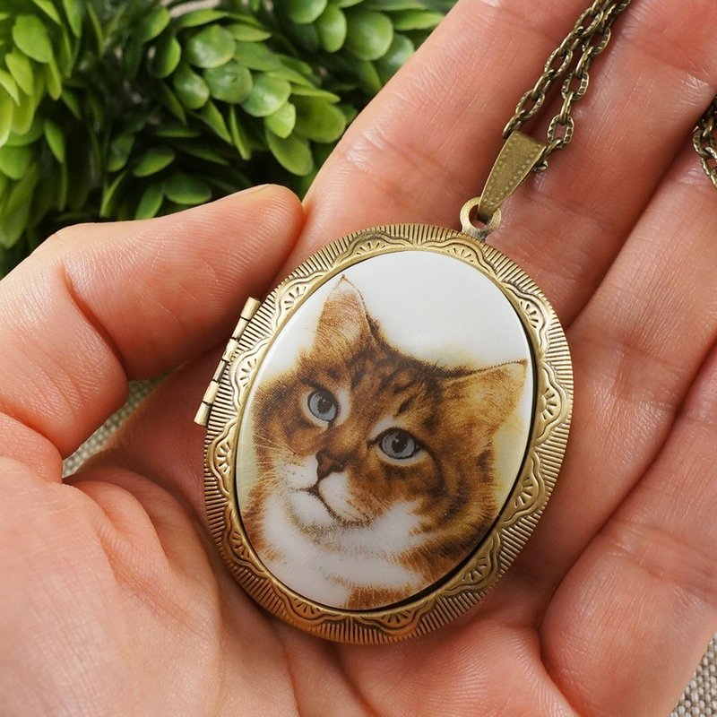 Ginger Tabby Cat Photo Locket Red Orange Cat Kitten Pendant Necklace Jewelry - 項鍊 - 玻璃 橘色