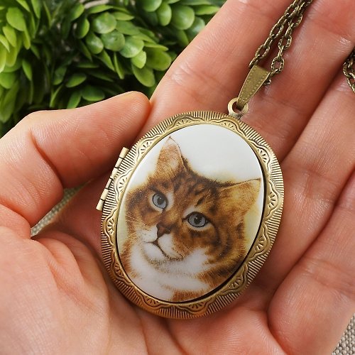 AGATIX Ginger Tabby Cat Photo Locket Red Orange Cat Kitten Pendant Necklace Jewelry