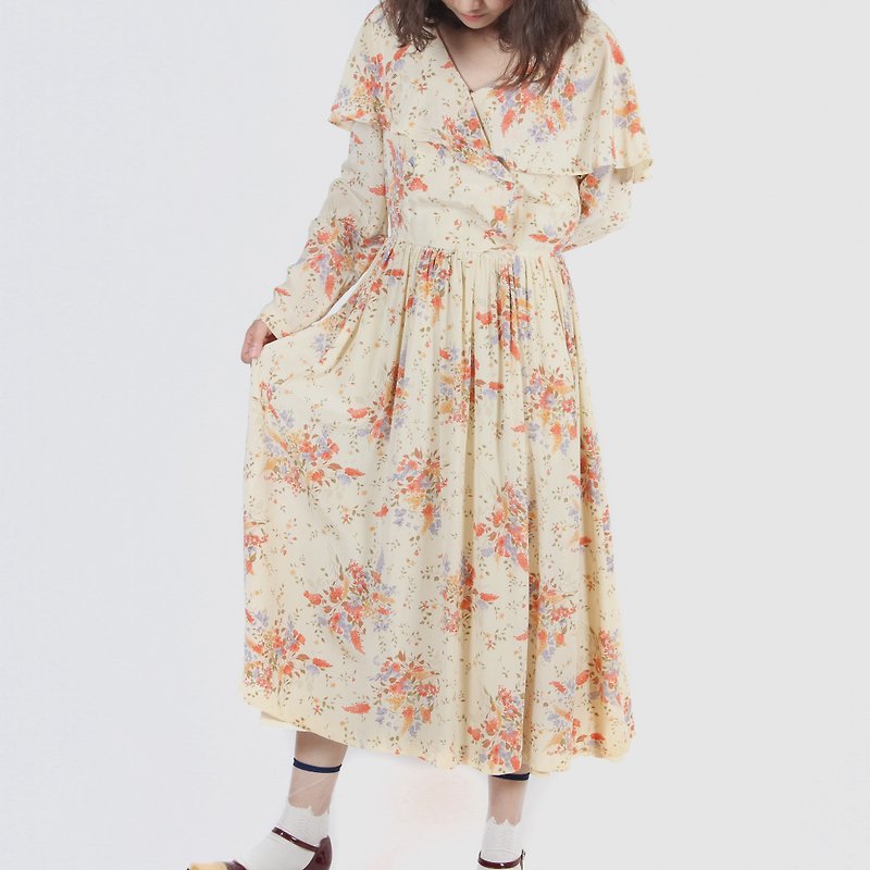 [Egg plant ancient] spring color flower season pure silk vintage dress - One Piece Dresses - Silk Yellow