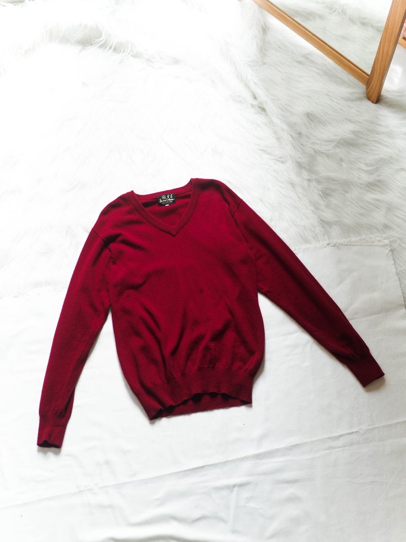 烈焰火紅V領冬季素面經典 古董喀什米爾羊絨古著毛衣 cashmere - 女毛衣/針織衫 - 羊毛 紅色