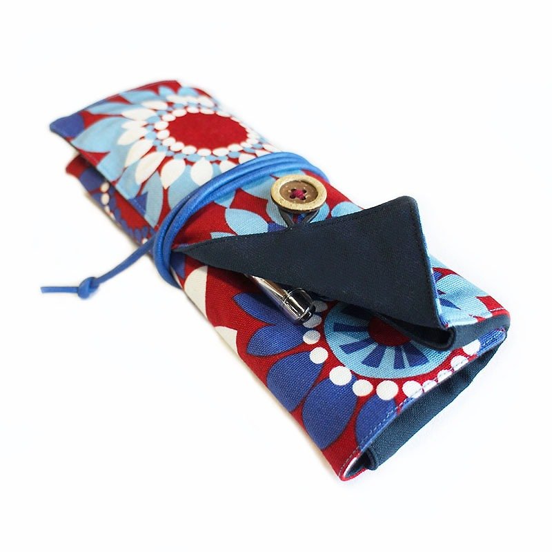 [一般]第二世代の良いコレクションの襟折りたたみペン袋/ペンロール（大花）/大容量 - ペンケース・筆箱 - コットン・麻 ブルー