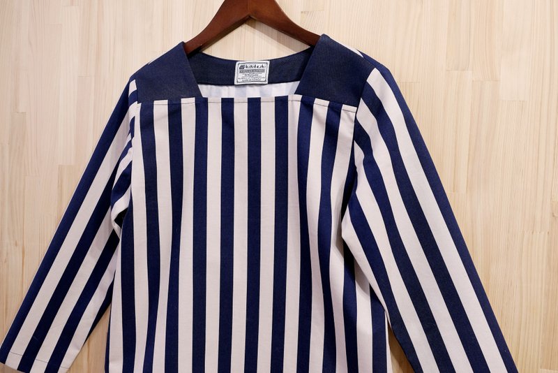 Square neck long-sleeved top/blue Khaki stripes - Women's Tops - Cotton & Hemp Blue