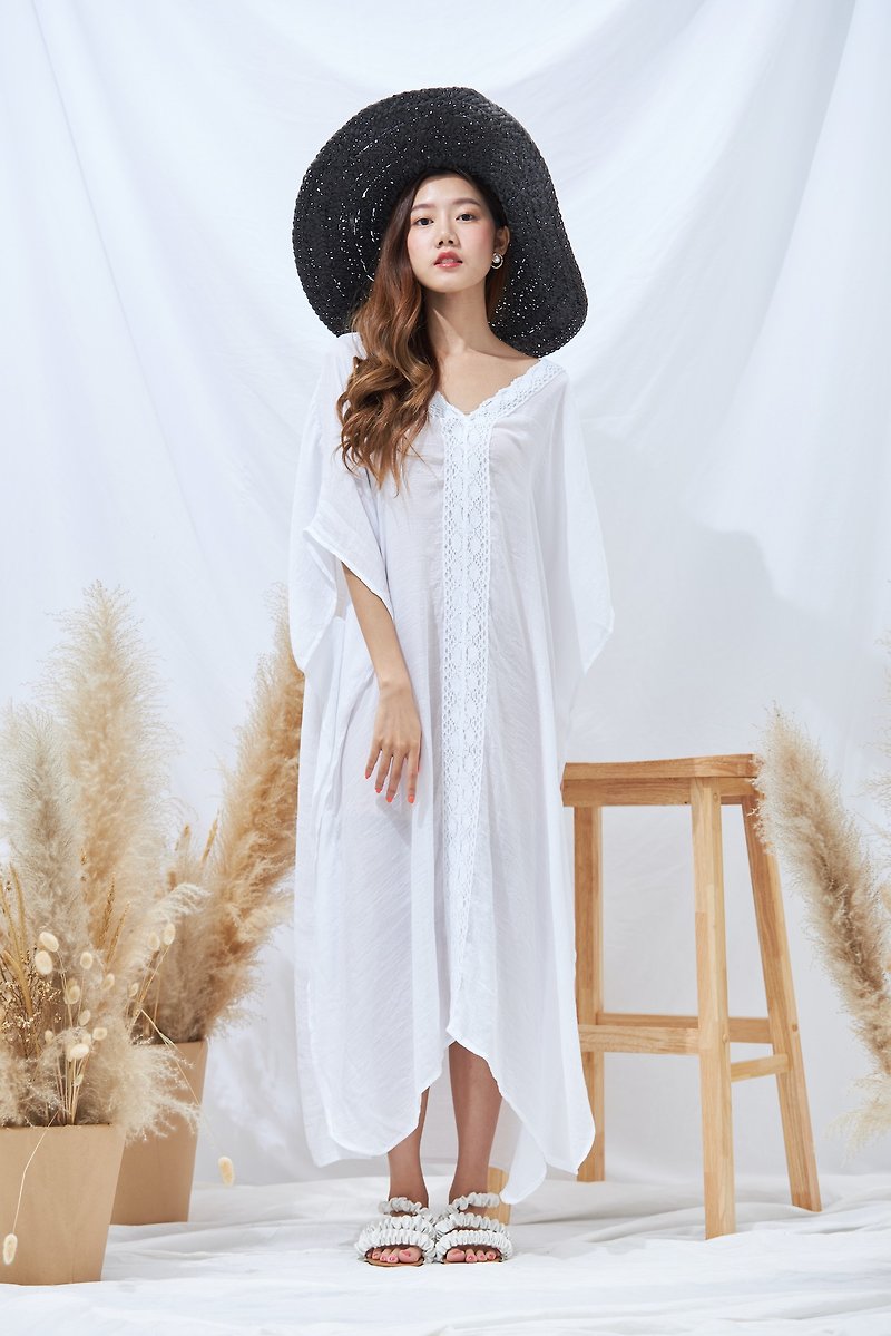 棉．麻 連身裙 白色 - Anya 101 | White long dress with crochet details