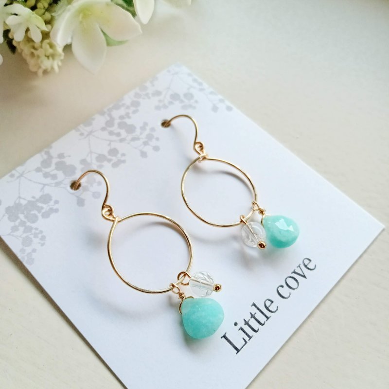 Gem Stone /14KGF   Amazonite and quartz hoop earrings - ต่างหู - เครื่องประดับพลอย สีน้ำเงิน