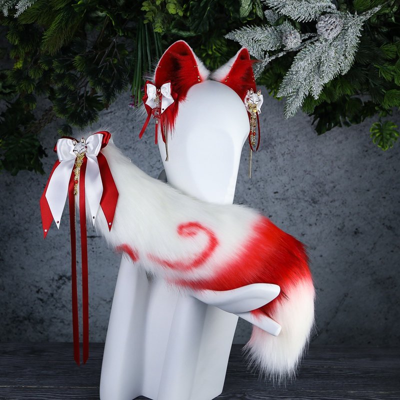 Inari Kitsune Ears and Tail Set Faux Fur Ears and Tail Set - 髮夾/髮圈 - 其他人造纖維 白色