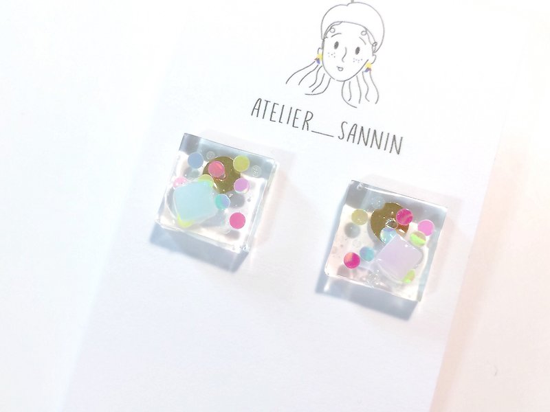 Bubble Jelly Series - square blue powder jelly ear cute hand-made earrings ear clip / ear clip - Earrings & Clip-ons - Other Materials Multicolor