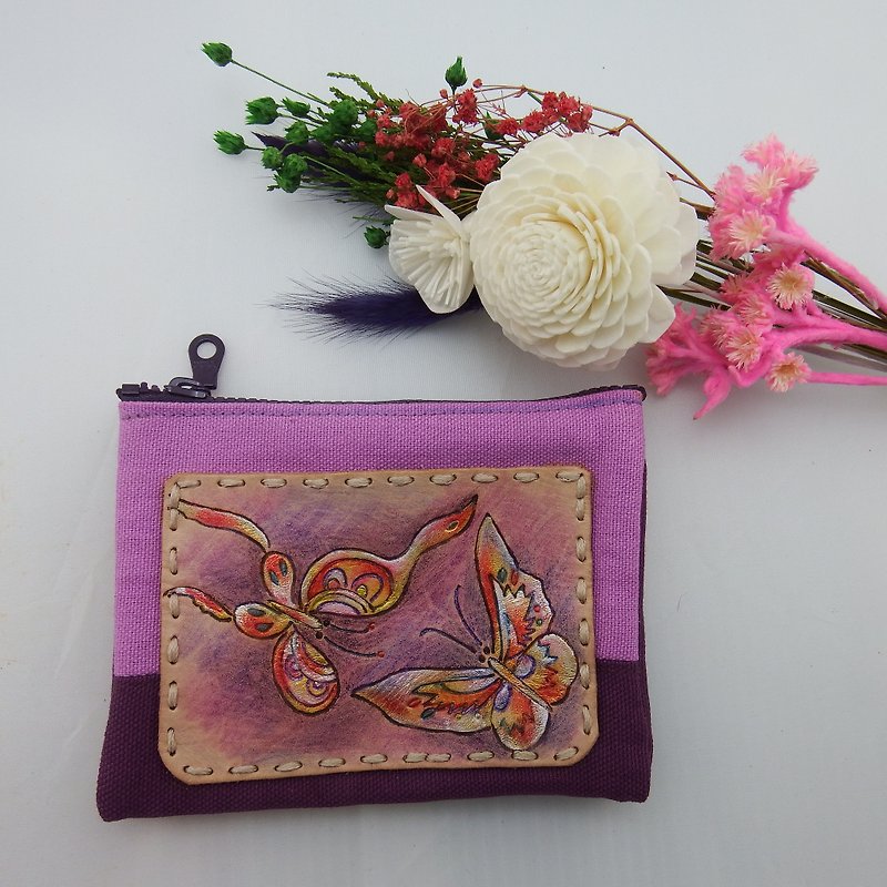Multilayer leather wine bag fabric purse ☆ Butterfly 1 - Coin Purses - Genuine Leather Purple