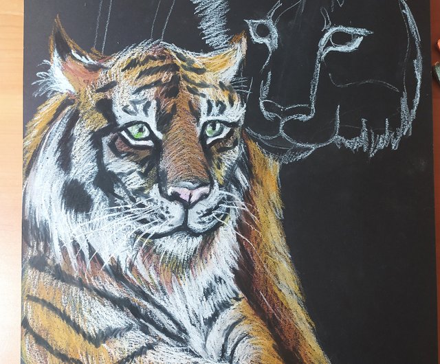 肖像画の虎。オリジナル絵画、オイルパステル、虎の壁アート