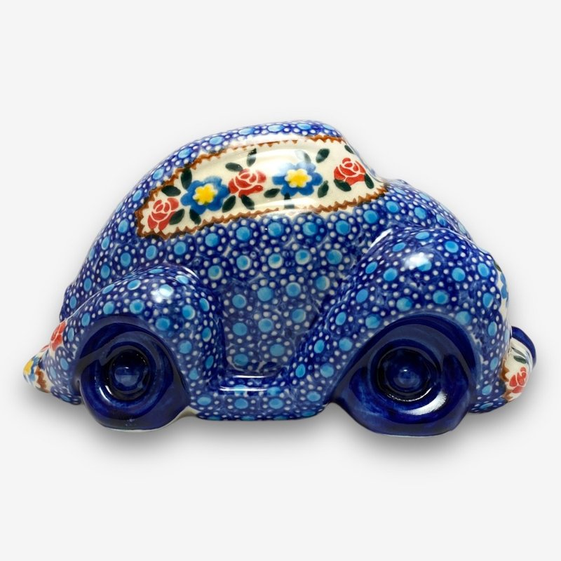 Polish hand-painted handmade pottery-car shaped money box 17cm pattern water language series designer model - กระปุกออมสิน - ดินเผา สีน้ำเงิน