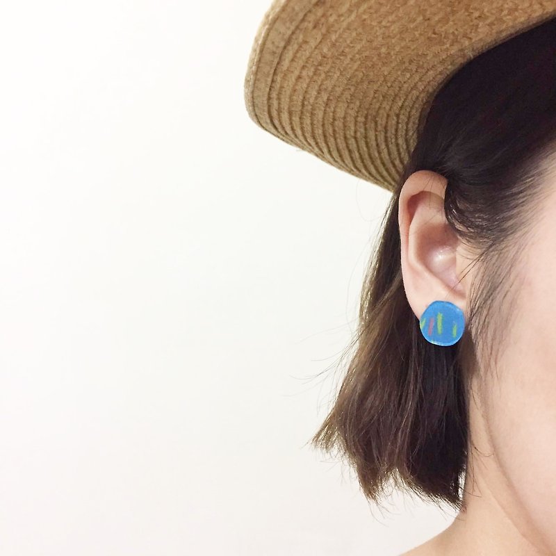 Striped Detail Line Rainy Day Round Irregular Water Drop Ear Studs (Silver) - Earrings & Clip-ons - Resin Blue