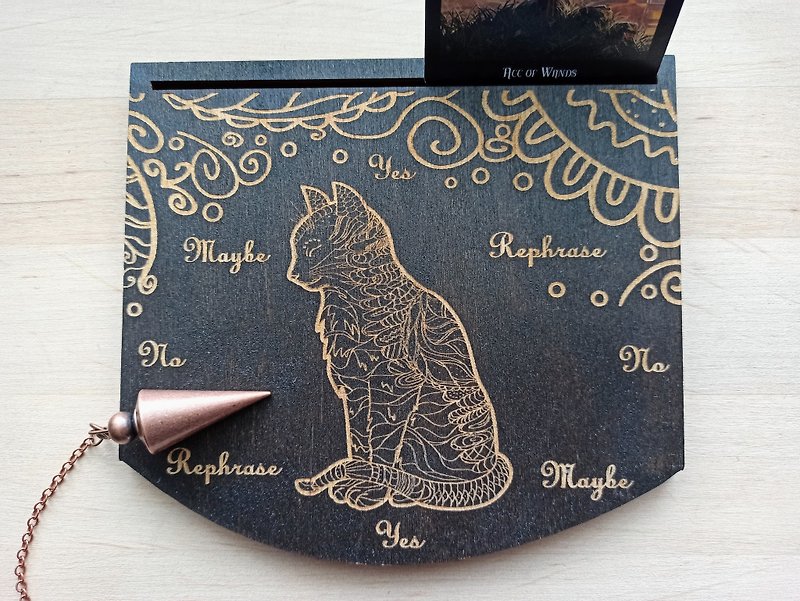 Pendulum board with cat for answers and tarot card holder. Travel altar