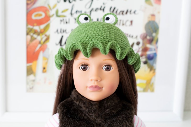 Frog hat for 18 inch American girl doll, Our Generation doll, animals hat, 针织帽 - 寶寶/兒童玩具/玩偶 - 棉．麻 綠色