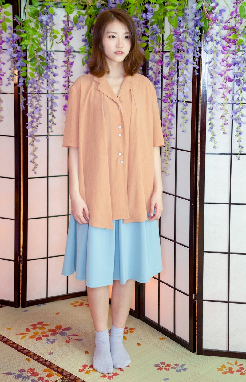 …｛DOTTORI :: TOP｝Pink Orange Short-Sleeved Shirt with Double Layers - One Piece Dresses - Polyester Orange