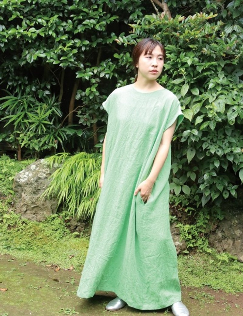 Linen French sleeve dress in mint green - ชุดเดรส - ผ้าฝ้าย/ผ้าลินิน 