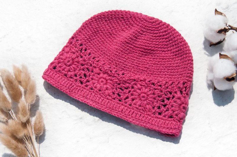 Hand-knitted pure wool hat/knitted hat/knitted woolen hat/inner bristles flower hat/knitted hat- Peach - หมวก - ขนแกะ สึชมพู