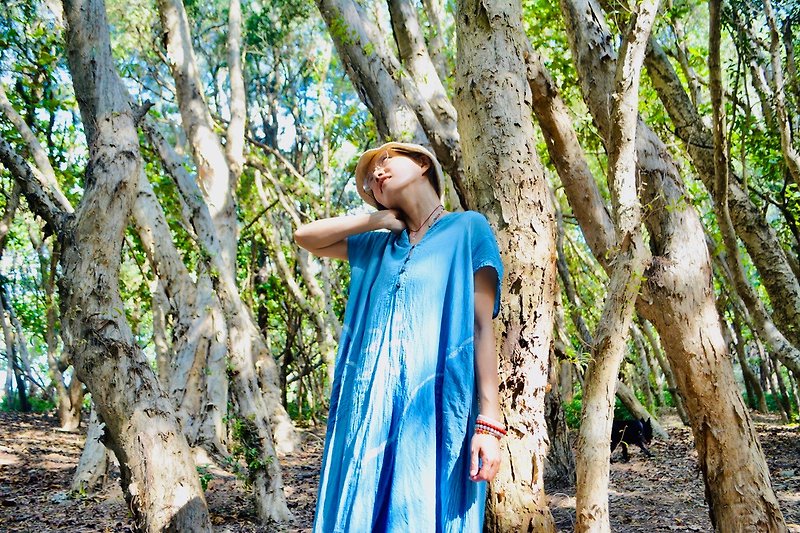 Japanese-style temperament | The first seed sound of the universe, OM Fairy Meiyi - One Piece Dresses - Cotton & Hemp Blue