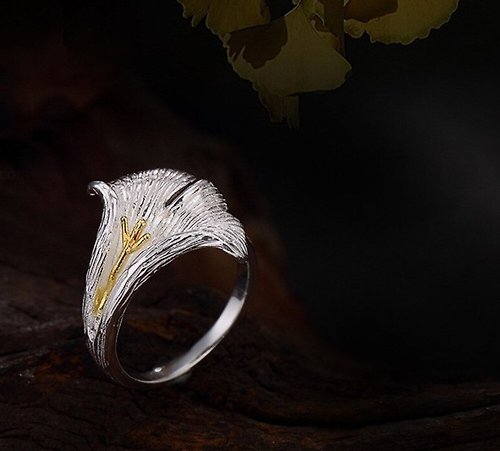 garyjewelry Real S999 Fine Silver Jewelry Handmade Ginkgo Biloba Leaves Women Finger Rings