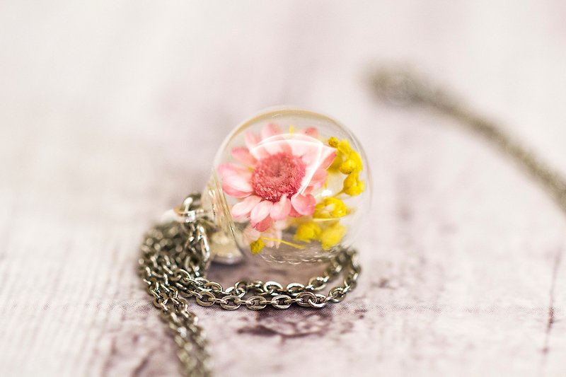 Real Flower in Glass Ball Stainless Steel Necklace - Necklaces - Glass Pink