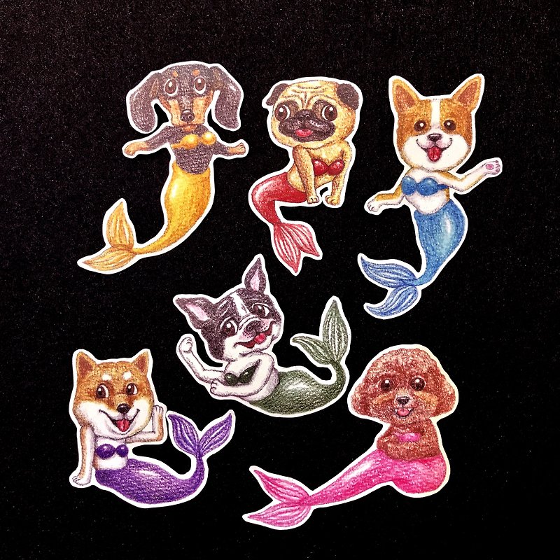 Color pencil hand-painted mermaid dog waterproof sticker set of 6 - Stickers - Paper 