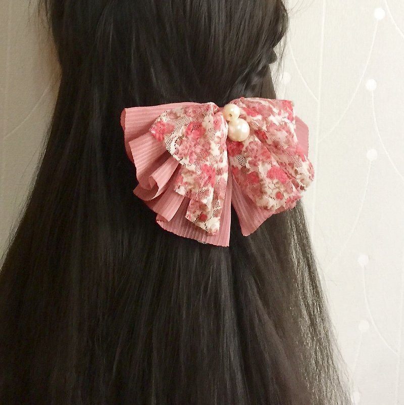 Pink Floral Chiffon Bow Pearl Hairpin ~ Horsetail Clip Automatic Clip Spring Clip Hair Ring Hair Tie - Hair Accessories - Other Materials Pink
