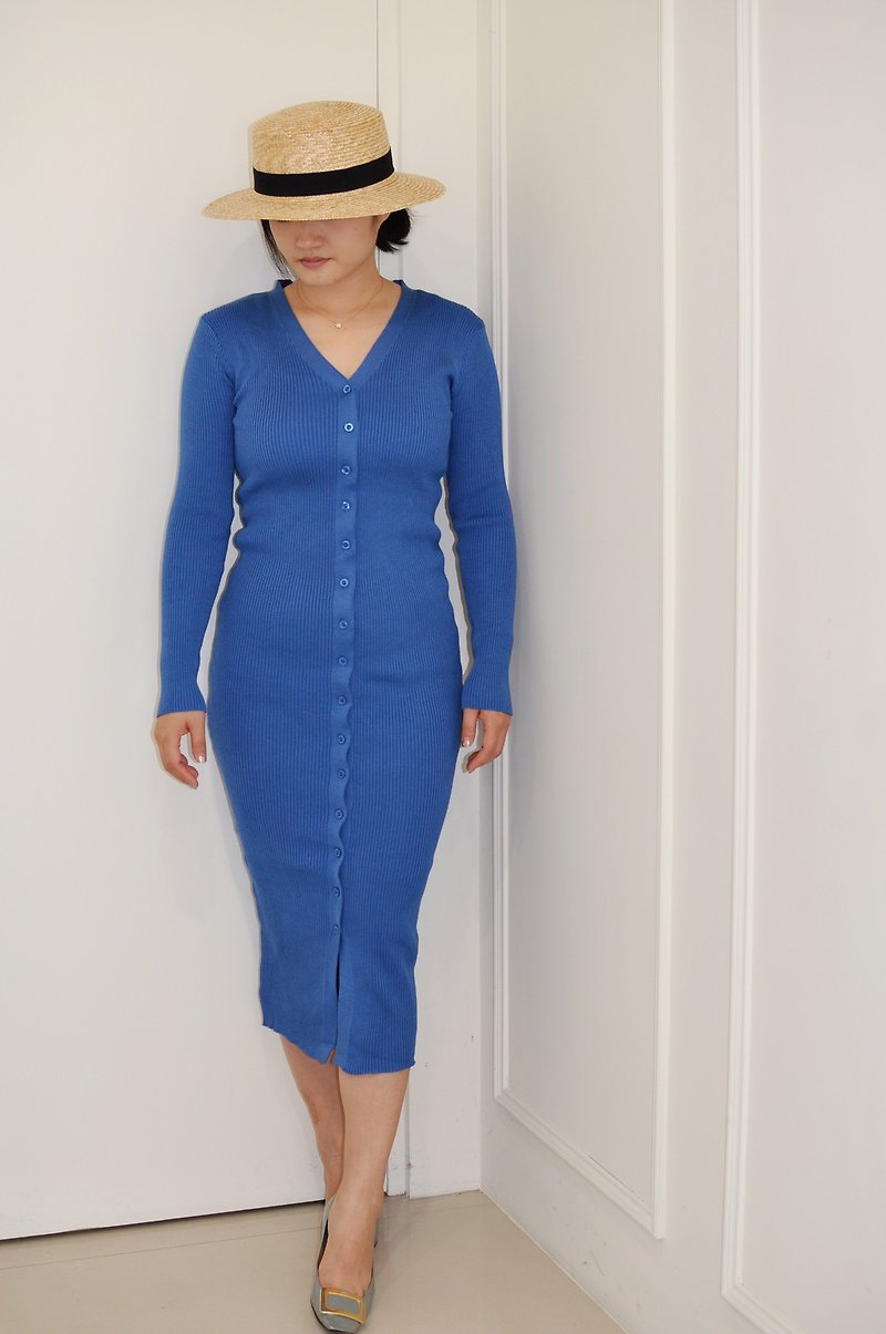 Flat 135 X Taiwan Designer Series Turkish Blue Knit Long Dress Knit Long Jacket - กระโปรง - ผ้าฝ้าย/ผ้าลินิน สีน้ำเงิน