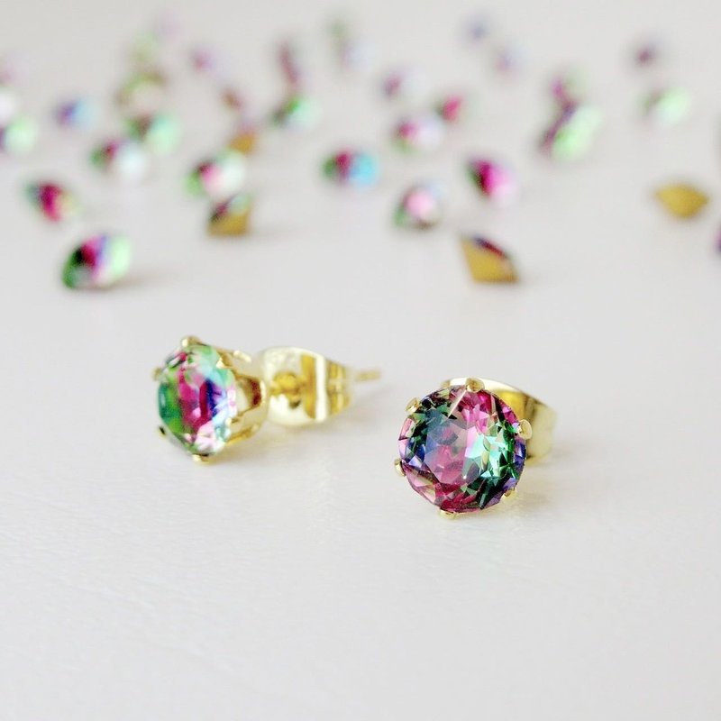 แก้ว ต่างหู หลากหลายสี - Vintage iris glass earrings with beautiful multifaceted cut